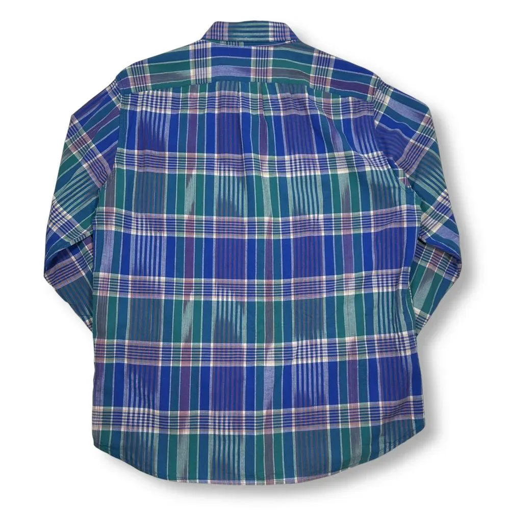 J.Crew Indian Madras Button-Down Plaid Shirt Blue Green Check Long Sleeve Mens L